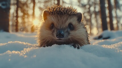 Obraz premium Cute hedgehog in snowy forest (2)
