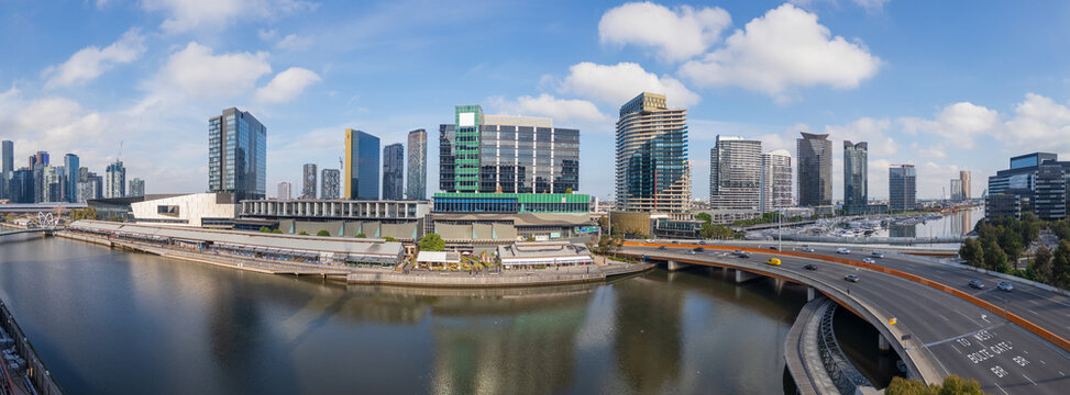 Aerial panorama of a freeway over an inner city river and waterfront at Southbank in Melbourne