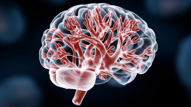 Brain with red veins and a red stem. The brain is surrounded by a blue background. The brain is the main focus of the image