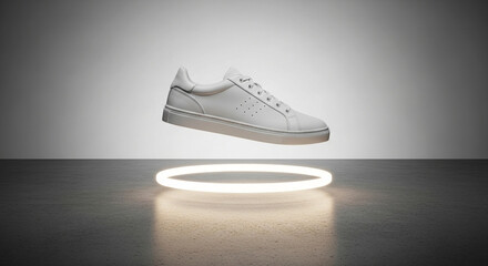 Photo of a clean white sneaker levitates above a glowing neon ring on a concrete floor