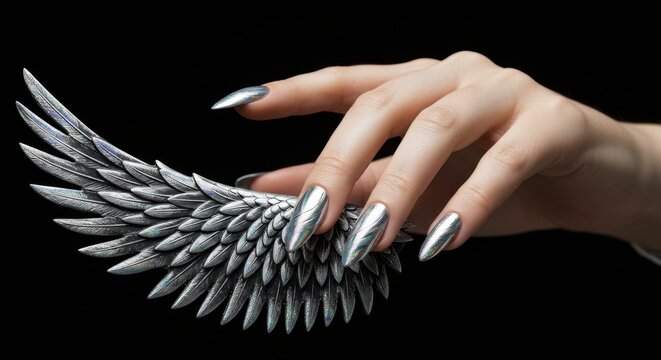 A manicured female hand with long silver chrome nails holding a decorative metal angel wing