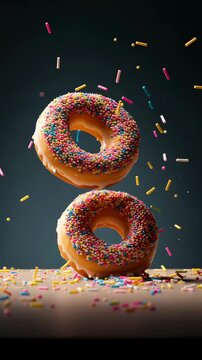 Two donuts adorned with vibrant sprinkles are levitating above a wooden surface, surrounded by scattered sprinkles. Dark background emphasizes sweet treats