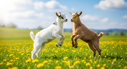 Fototapeta premium Two playful baby goats joyfully leap in a vibrant field of yellow dandelions on a sunny day