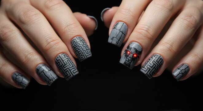 Futuristic gray manicure showcasing intricate cybernetic patterns and a robotic skull design - Powered by Adobe