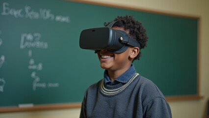 Smiling dark-skinned boy in virtual reality glasses on blackboard background