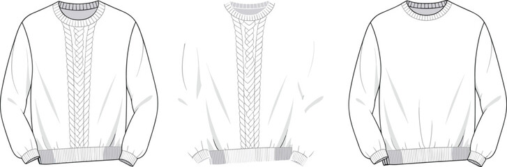 Women’s cable knit sweater with front and back views, fashion flat sketch, long sleeve warm garment, casual winter clothing design, apparel technical drawing template