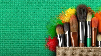A collection of artist paint brushes is arranged neatly against a vibrant green textured background, with colorful paint splatters, Ideal for creative projects, art tutorials, or stationery designs,