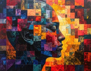 A vibrant mosaic portrait of a serene woman's profile, showcasing a rich tapestry of colors and textures in a captivating abstract style.