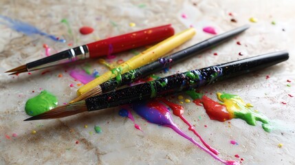 Obraz premium Colorful paint brushes are scattered over a textured surface, surrounded by vivid paint splashes, This image can be used for art-related projects, blogs, or creative workshops,