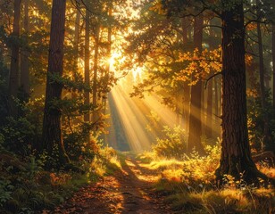 Golden sunlight streams through a tranquil forest, illuminating a pathway lined with trees and autumnal foliage.