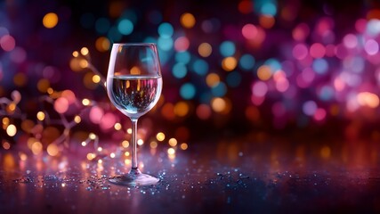 Festliche Weinglas-Dekoration mit Bokeh-Lichteffekten und warmer Atmosph&auml;re f&uuml;r Weihnachten oder Neujahr