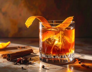 A rich amber old fashioned cocktail, garnished with orange peel, sits in a crystal glass, illuminated by warm sunlight on a light gray surface.