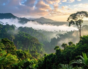 Lush rainforest valley shrouded in mist at dawn, showcasing a vibrant tapestry of green foliage.