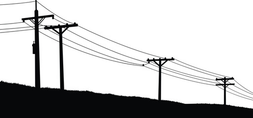 Silhouette of power poles on hill, electric transmission lines, rural electricity infrastructure, utility poles at slope, energy cables, countryside power grid, evening landscape scene