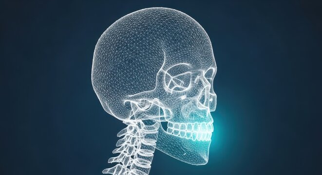 A detailed 3d wireframe rendering of a human skull and cervical spine glows with