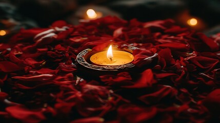 A beautifully lit candle rests on a bed of red rose petals, creating a warm and romantic atmosphere, perfect for use in wellness, spa, or event planning promotions