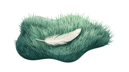 Single White Feather Resting on a Bed of Teal Grass - Nature Illustration
