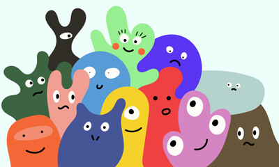 A Vibrant and Diverse Crowd of Whimsical Cartoon Monsters with Unique Expressions