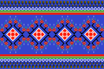 Seamless pixel art tribal pattern with vibrant red and blue colors, floral geometric design, inspired by cultural textiles. Perfect for fabric, fashion, and decorative use.
