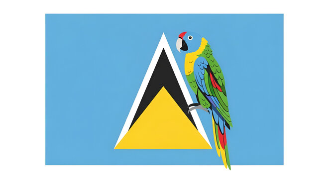 A vibrant illustration of the Saint Lucia flag, adorned with the national bird, the colorful Saint Lucian Amazon parrot