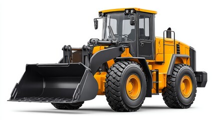 Fototapeta premium Construction machine work wheel loader turning with raised bucket at dynamic site environment