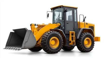 Fototapeta premium Construction machine work side profile of a lifted wheel loader with bucket in industrial setting