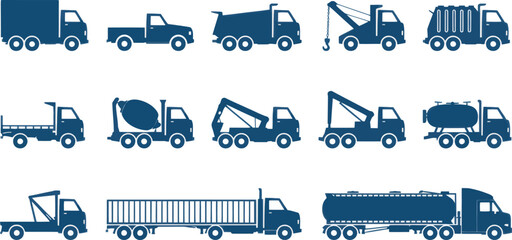 Collection of Truck Icons  Blue Silhouettes of Various Vehicles