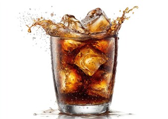 Glass of cola with ice, splashing