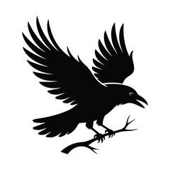 Obraz premium Majestic Crow Silhouette Illustration with Wings Spread on Branch Elegant Design