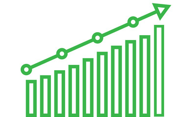 Green bar chart with dotted upward trending line isolated on transparent background