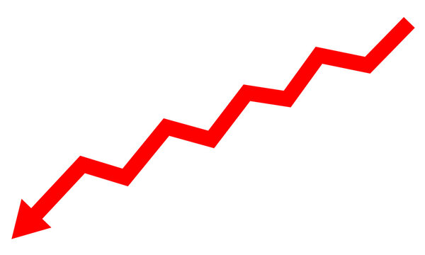 Red downward trending zigzag arrow isolated on transparent background