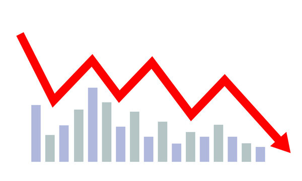 Red arrow graph showing downward trend isolated on transparent background