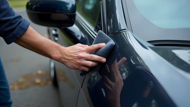 A man hand cleaning car hood with microfiber cloth, car detailing concept