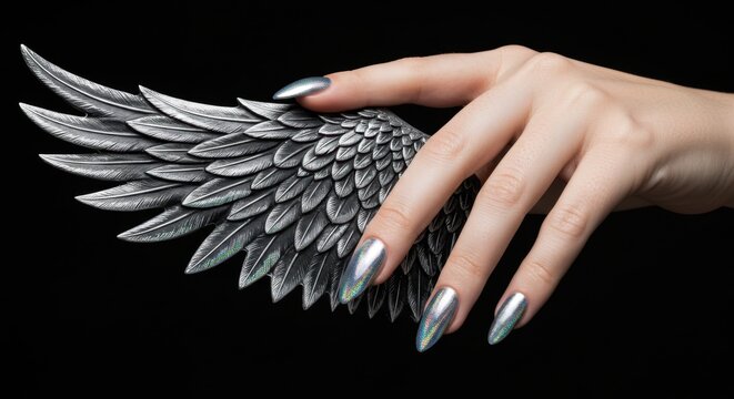 Woman's Hand with Chrome Nails Touching a Silver Wing