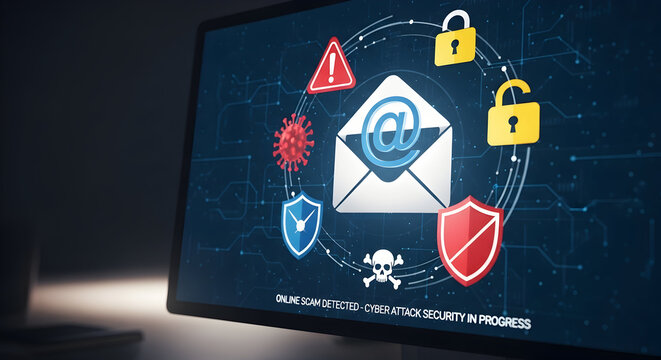 Cybersecurity threat alert: Email scam detected, network attack in progress on computer