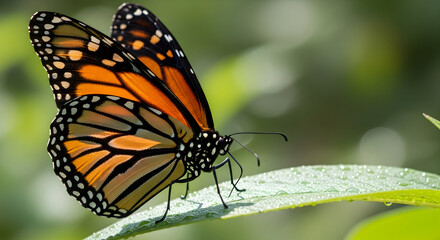Fototapeta premium A detailed close-up photograph showcasing a monarch butterfly perched upon a vibrant green leaf