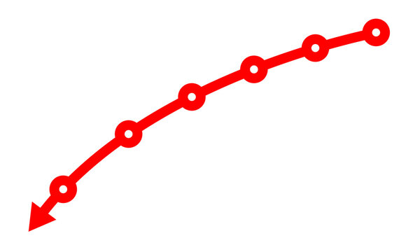 Red line graph with circular points and arrow isolated on transparent background