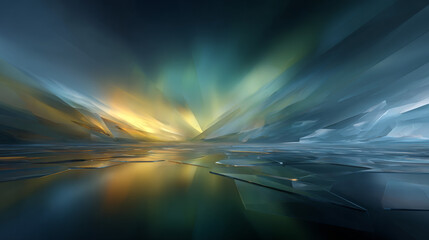 Dramatic golden sunlight rays breaking through dark storm clouds over calm water with reflection, spectacular atmospheric light beams radiating across tranquil lake or ocean surface at sunset