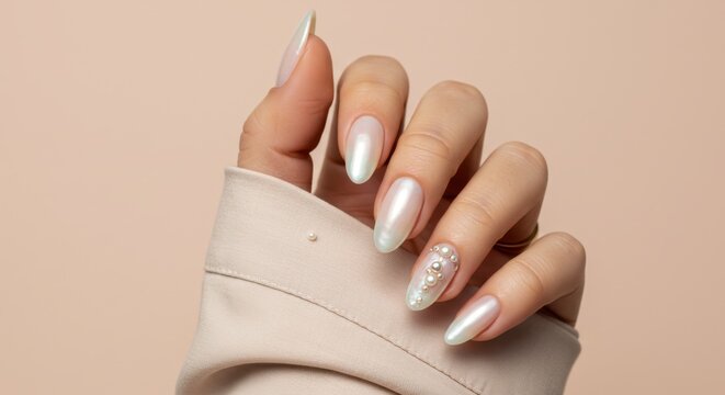 A woman's hand showcasing an elegant pearlescent manicure with delicate rhinestone accents on the ring finger