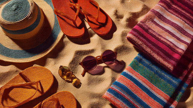 Vibrant tropical beach scene with sun hats, flip-flops, towels, and sunglasses on golden sand under bright sun, summer vibes.