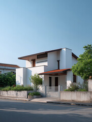 Modern contemporary white residential house with flat roof and wooden accents at sunset, luxury two story villa with minimalist architecture design and large windows, stylish suburban home exterior 
