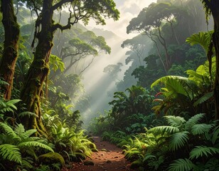 Sunlit path through a lush, vibrant tropical rainforest, filled with dense foliage and vibrant green tones, showcasing a tranquil and serene atmosphere.