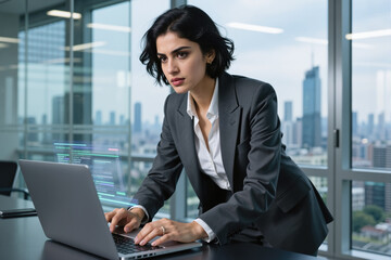 A professional woman in a suit works on a laptop in a sleek, modern office with a cityscape view, likely a developer or coder.