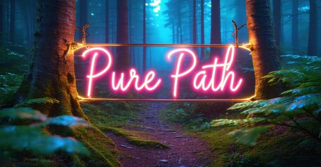 Forest scene features glowing text Pure Path suspended between trees. Mossy ground leads toward distant blue light. Mysterious, vibrant, captivating imagery.