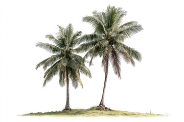 Two palm trees stand on a small mound, isolated against a pure white background.  Their fronds are lush and full