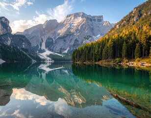 Serene mountain lake reflecting a majestic alpine landscape with clear water and tranquil surroundings.