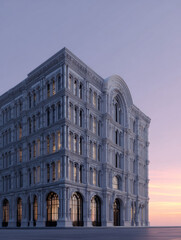 Historic white stone building with arched windows at sunset twilight, elegant classical European architecture facade with ornate details, vintage city landmark structure with multiple stories at dusk