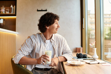 Handsome young man enjoying a refreshing drink in a cozy cafe during a sunny afternoon