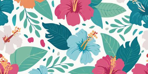 A colorful and exotic seamless pattern of tropical hibiscus flowers and lush green foliage on a white background © Dhani