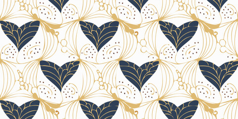 Elegant batik seamless pattern featuring stylized navy blue heart-shaped leaves and delicate golden swirls, a romantic and sophisticated design for textiles or wallpaper